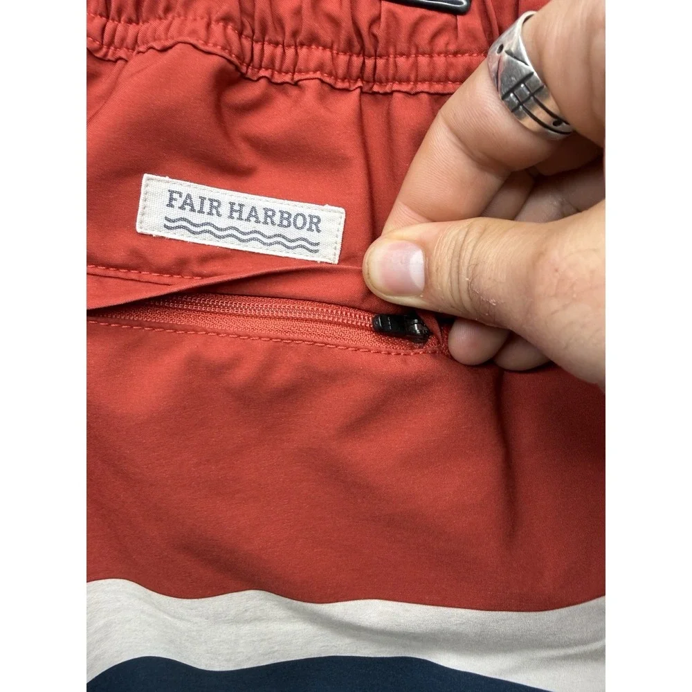Fair Harbor The Anchor Swim Trunks Mens S Red Navy White Colorblock Lined Shorts
